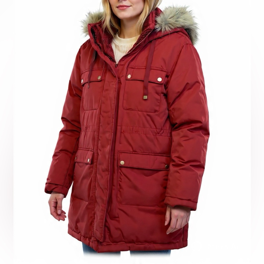Universal Thread Women's Red Faux-Fur Trim Puffer Parka